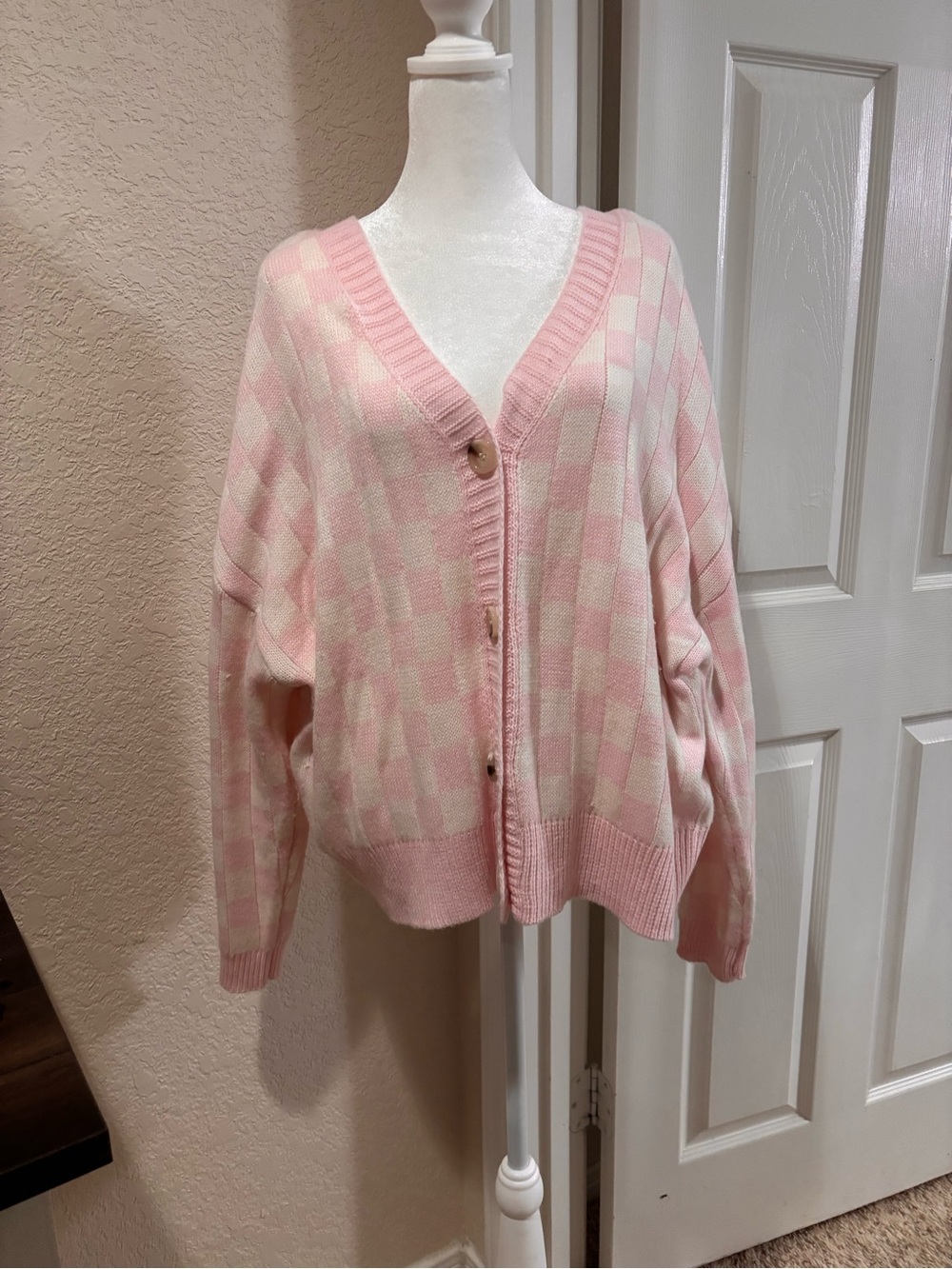 Checked V-Neck Button Cardigan in Soft Pink and Cream